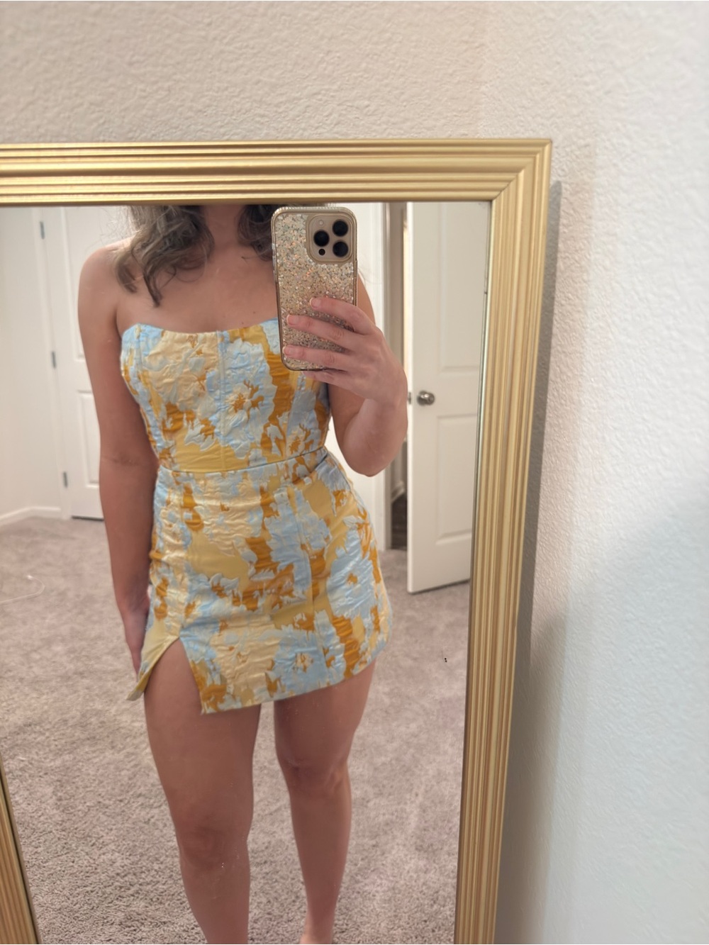 Showpo Strapless Floral Mini Dress in Yellow and Light Blue